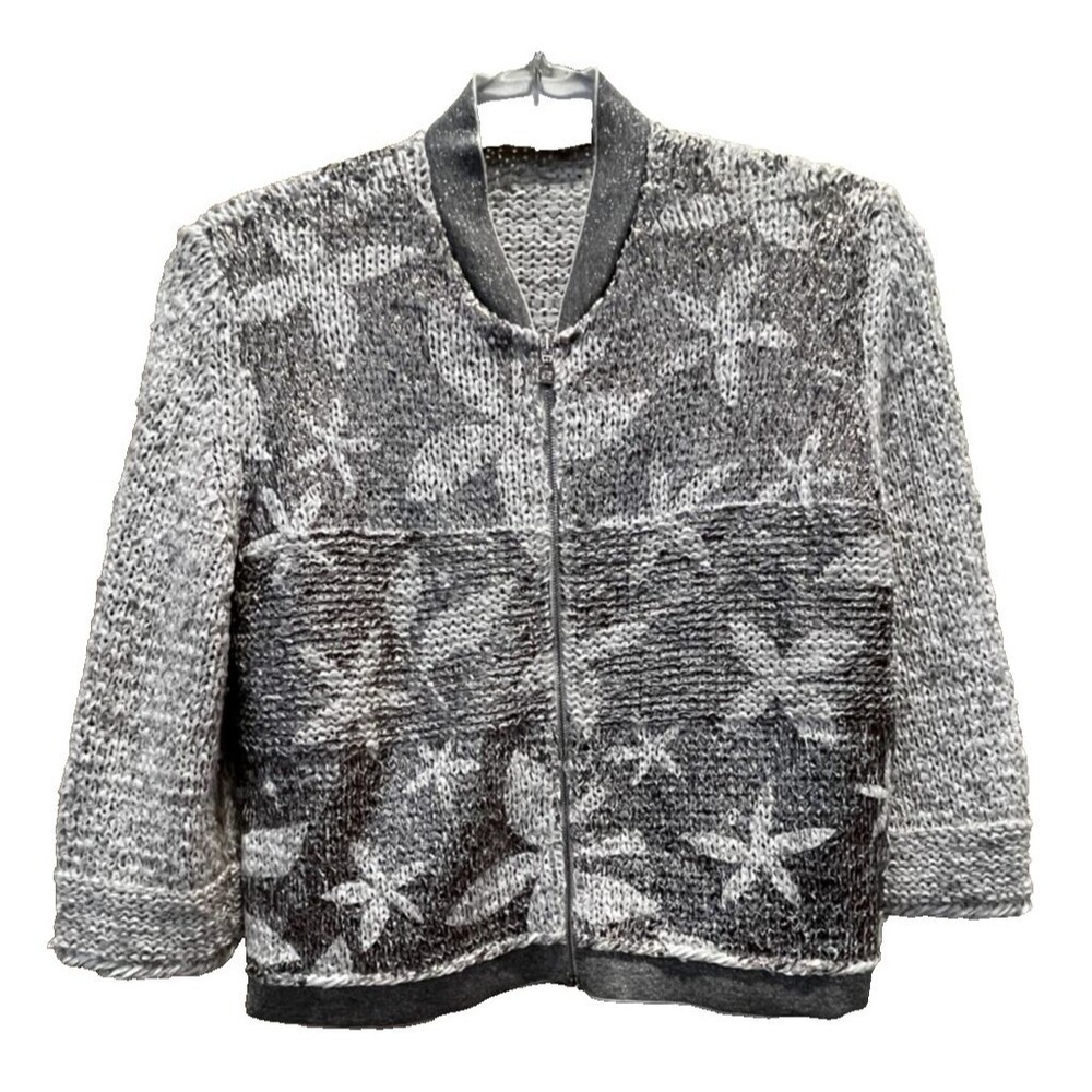 D. Exterior sz M Zip Up 3/4 Sleeve Floral Metallic Crop Knit Sweater Gray Italy